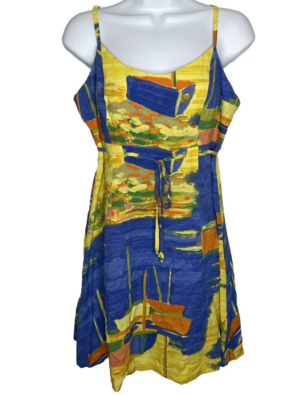 Vintage 90s Jams World Low Tide Sundress Size M Blue Yellow Nautical Boats